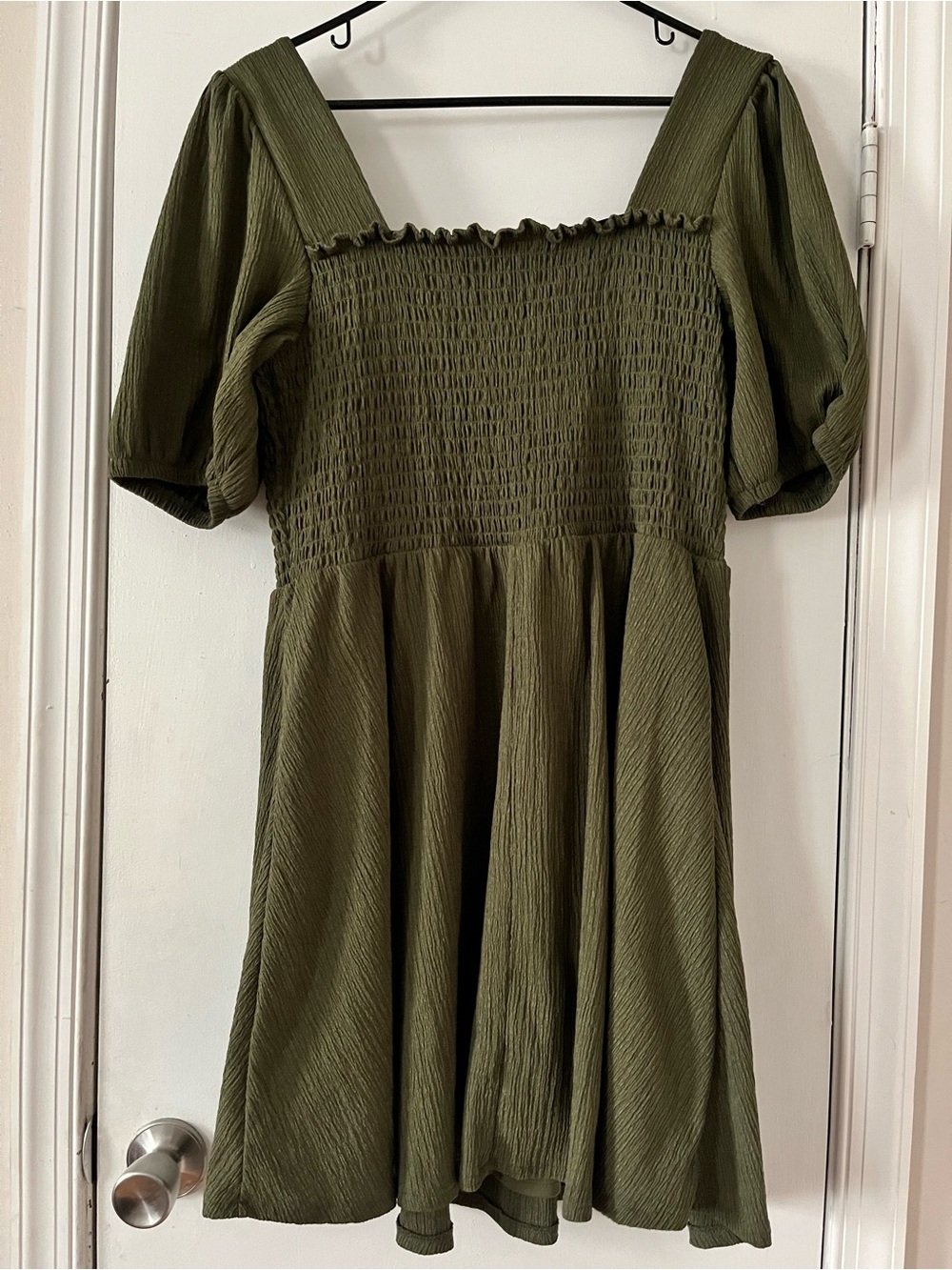 Nine West XL Olive Green Smocked Puff Sleeve Mini Dress - Picture 3 of 3